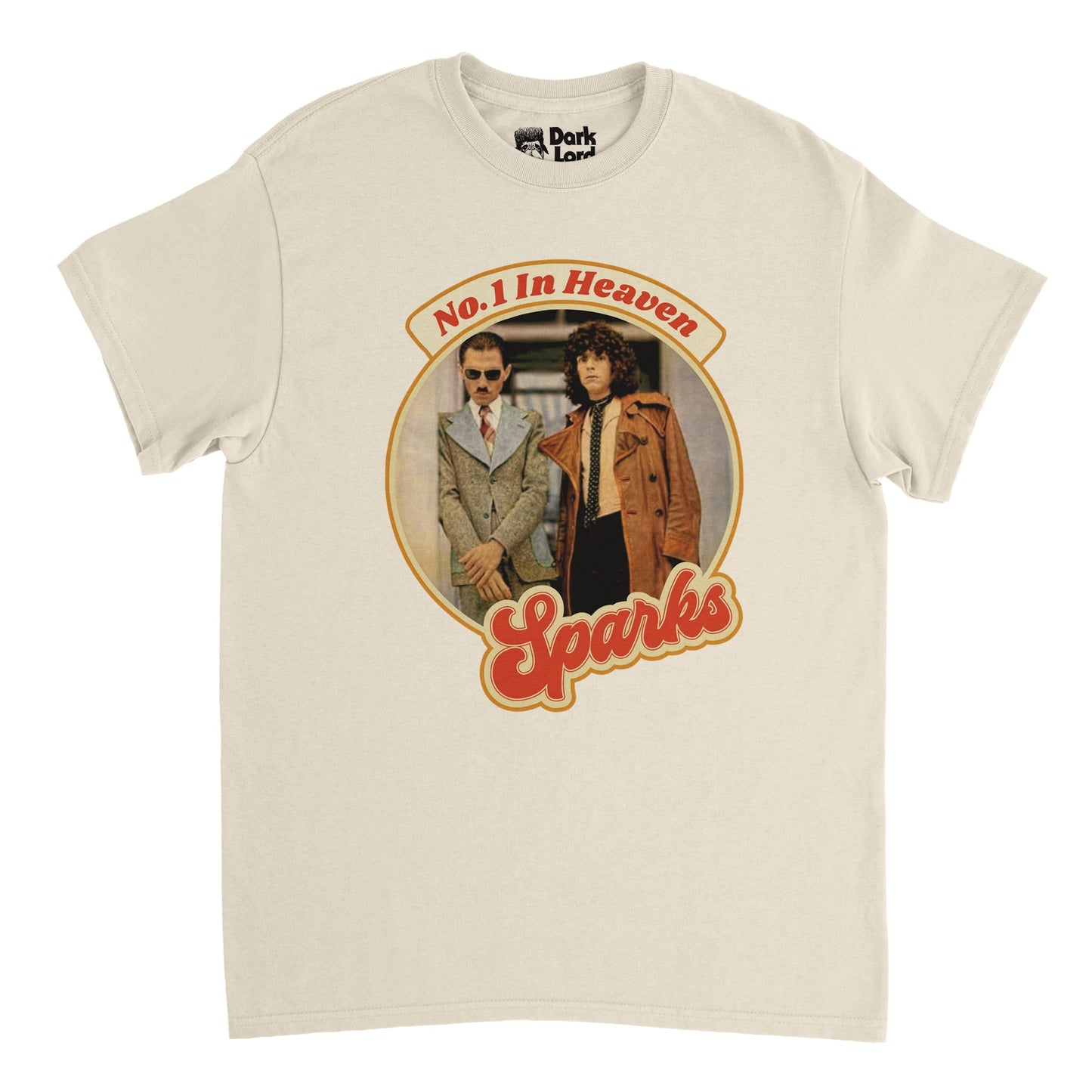 A vintage, souvenir soft cream t-shirt that says "Sparks" in bold red letters, referencing the famous American pop and rock duo, and "No. 1 In Heaven", their 1979 studio album. Has a circular image of the duo, keyboard player Ron Mael and singer Russell Mael.