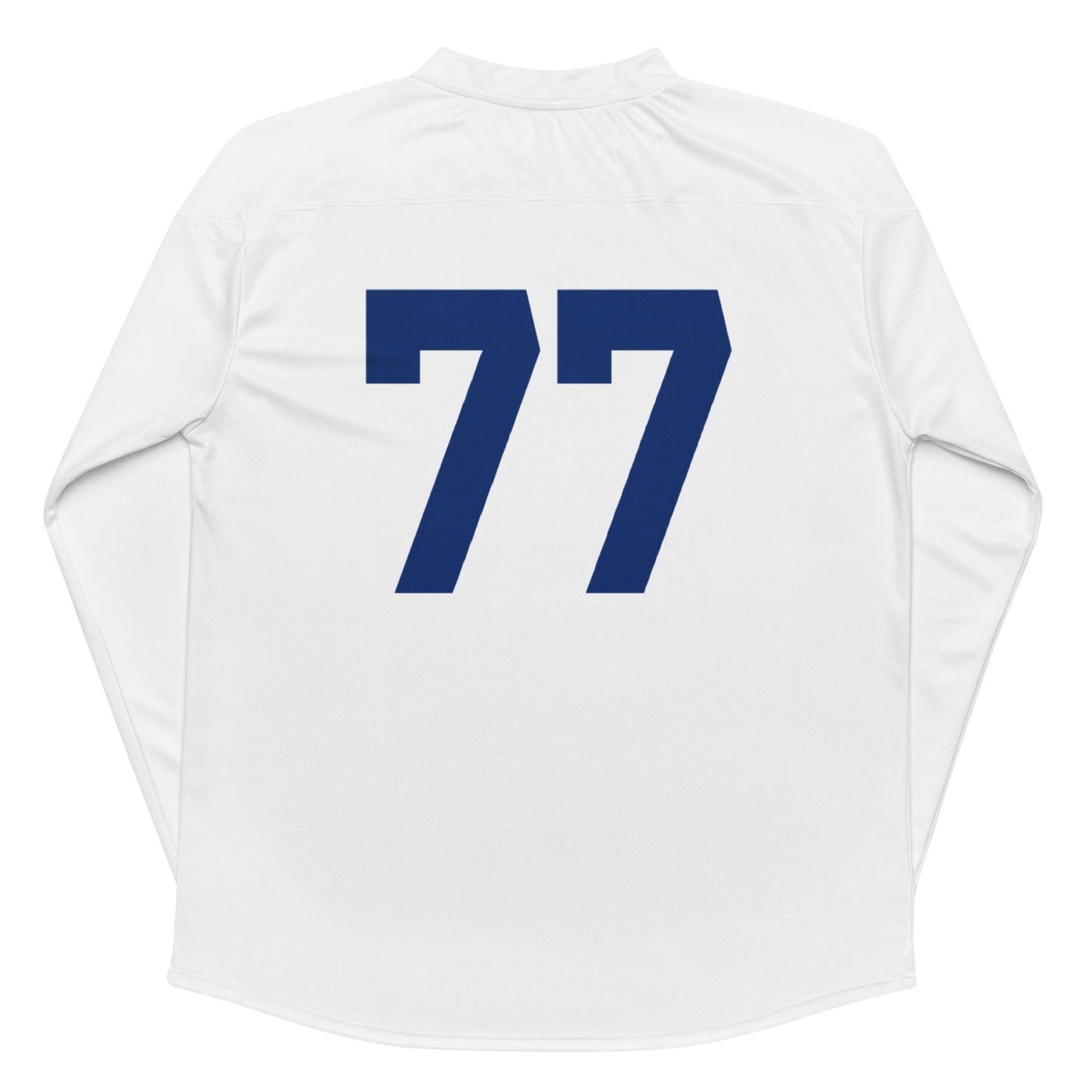 A retro, 80s style hockey fan jersey and costume with the number 77 in large, navy text printed on the back. References the iconic 1993 American coming-of-age indie film "Dazed and Confused", worn by the alpha popular girl Darla Marks, played by Parker Posey, when she hazes people with ketchup bottles.