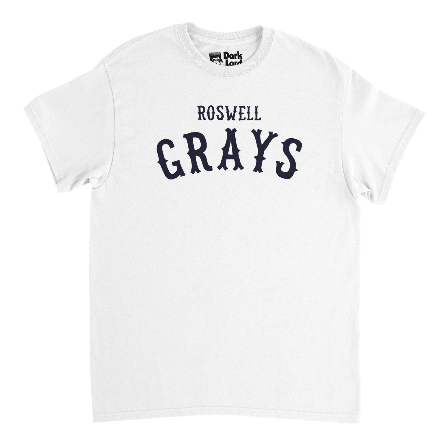 A retro, 70s style t-shirt in the color white that says "Roswell Grays" in black text, referencing the extraterrestrial alien species "Gray Aliens" or "Zeta Reticulans" or "Greys". References the alleged crash landing of an alien flying saucer in Roswell, New Mexico, in 1947, which many people claimed they saw, and claimed that the US military was involved in handing alien looking bald, differently proportioned, child size beings.