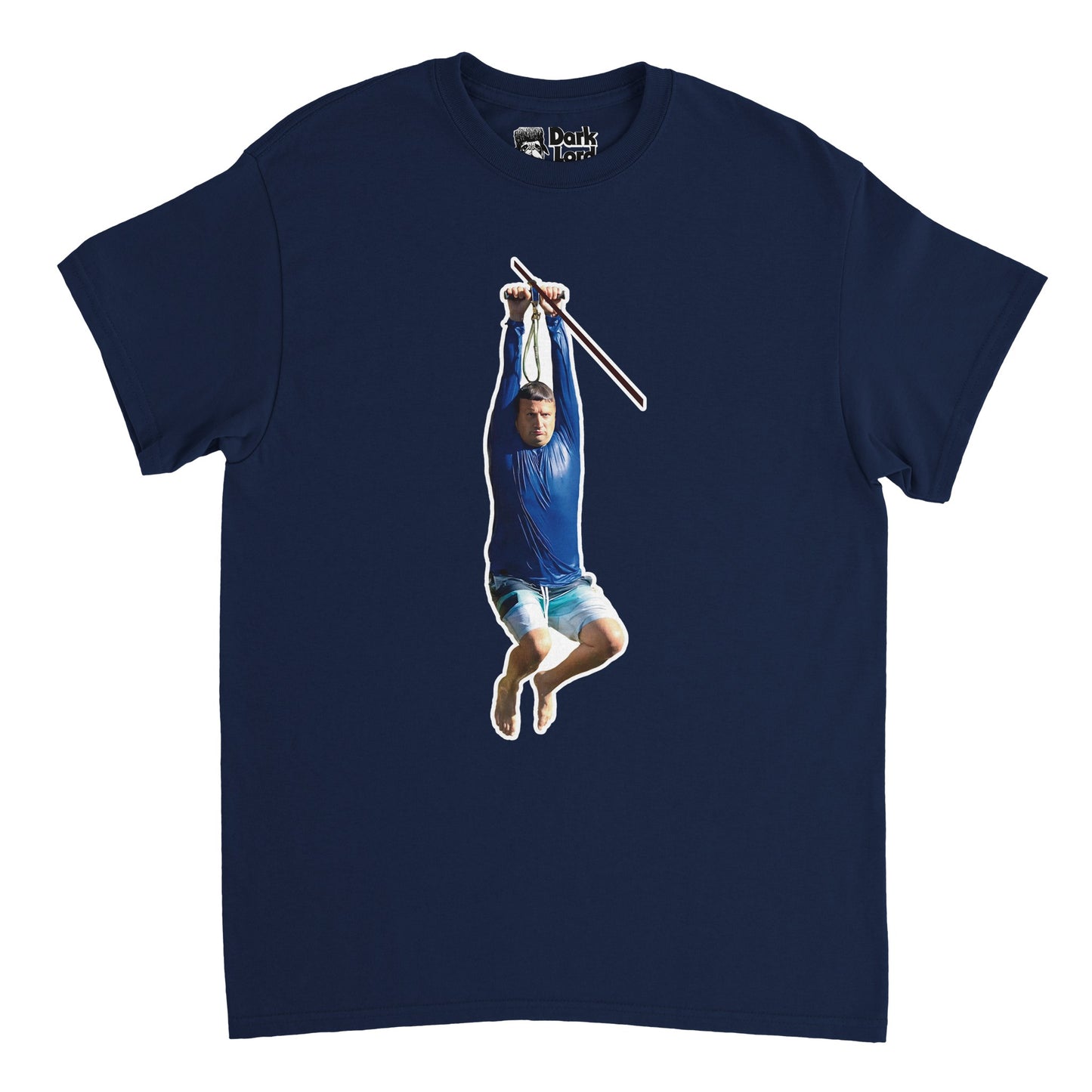A retro, dark navy blue colored souvenir t-shirt with the image of a man in a bright blue long sleeve soaking wet swim shirt and blue striped swim trunks hanging off a zip line, a famous internet meme. References the hilarious, absurd streaming show "I Think You Should Leave" and episode "Summer Loving Farewell" where Tim Robinson plays Ronnie, a contestant on a Bachelorette like reality TV show and is told by Megan, played by Jessica Parker Kennedy who says "I feel like you're just here for the zipline".