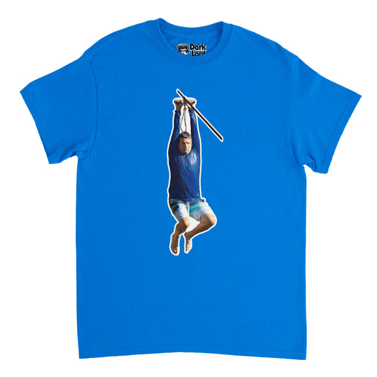A souvenir royal blue 90s style t-shirt that has a man with a determined expression hanging off of a zipline, wearing a soaking wet blue long sleeved shirt and swim trunks. References the episode "Summer Loving Farewell" from the hilarious, famous streaming show "I Think You Should Leave" in which Megan, played by Jessica Parker Kennedy, tells Ronnie, played by Tim Robinson, "I feel like you're just here for the zipline". 