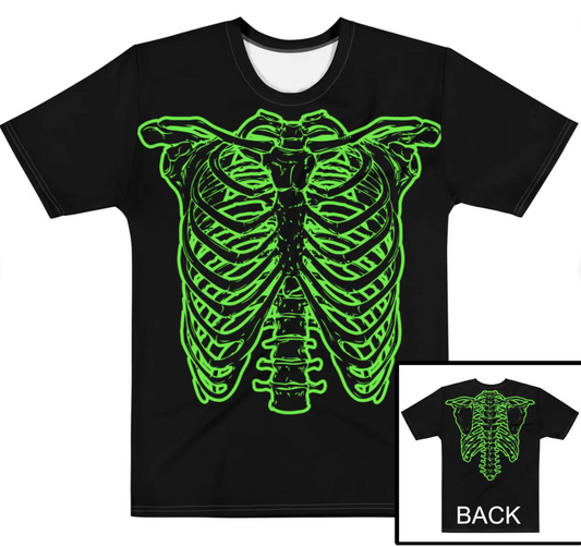 A black t-shirt with a graphic design of a skeletal structure in green neon colors.