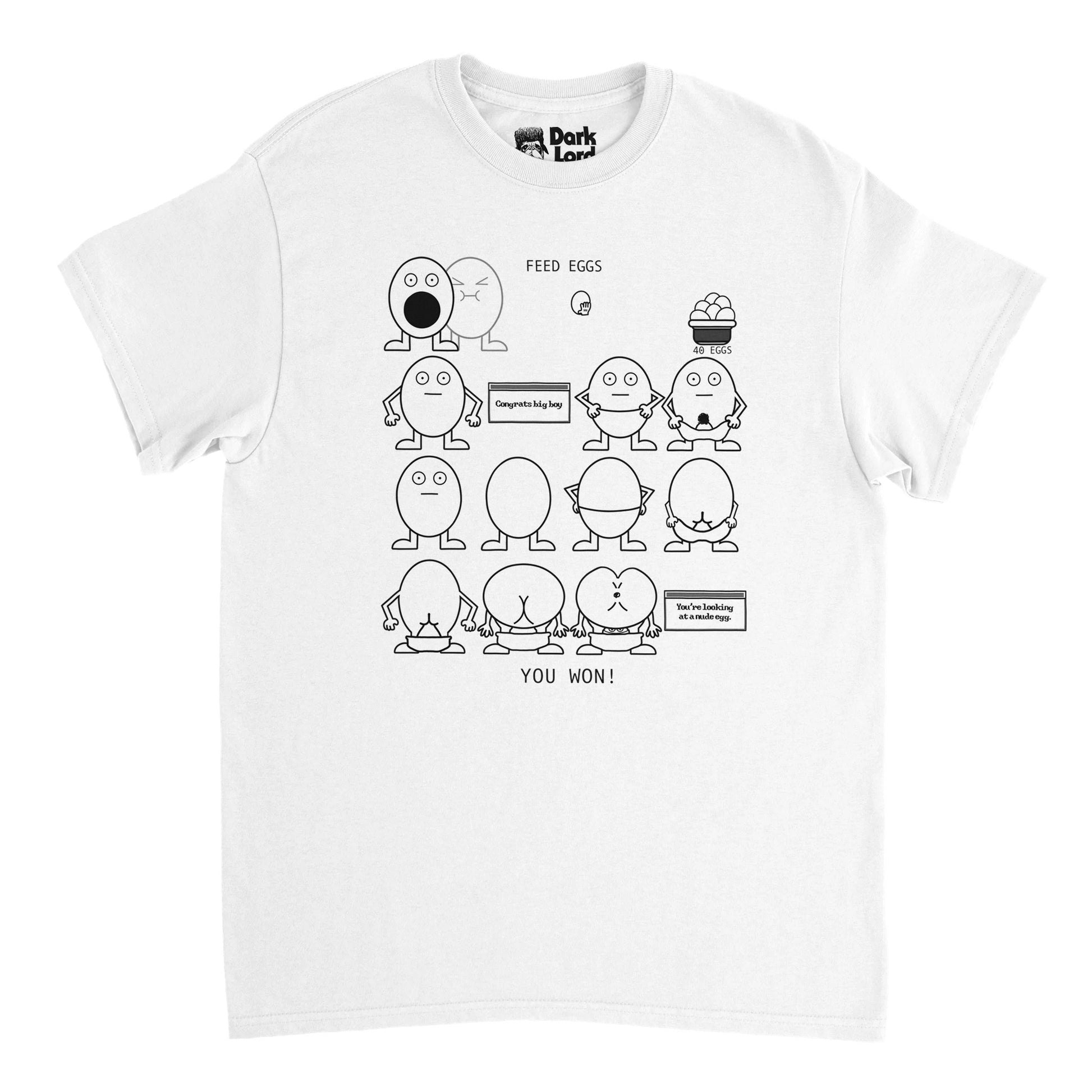 A retro, 80s style white t-shirt with the image of the Eggman, sometimes with his mouth open, wanting to be fed, sometimes turned around with his pants down. Shirt says "Feed Eggs", "40 eggs" under the image of a basket of eggs, says "Congrats big boy", and also says 'You're looking at a nude egg" and "You Won!" References the 'Eggman Game' sketch from season 3 of the comedy television series "I Think You Should Leave with Tim Robinson" created by Time Robinson and Zach Kanin. 