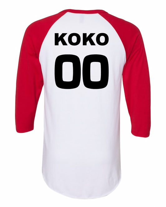 a white and red baseball shirt with the words koko on it