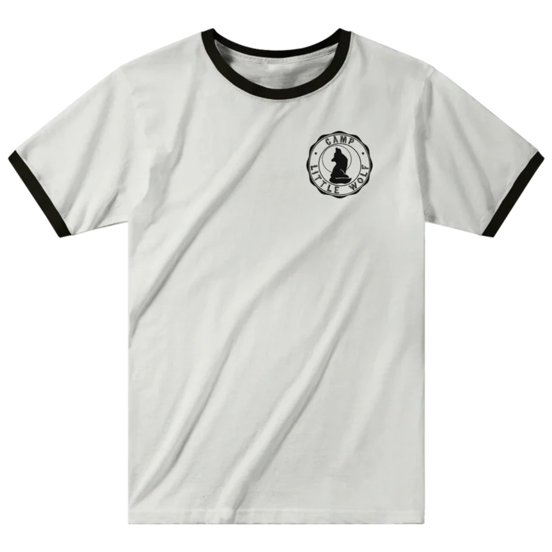 A white t-shirt with a black graphic design on the left side, depicting a silhouette of a wolf.