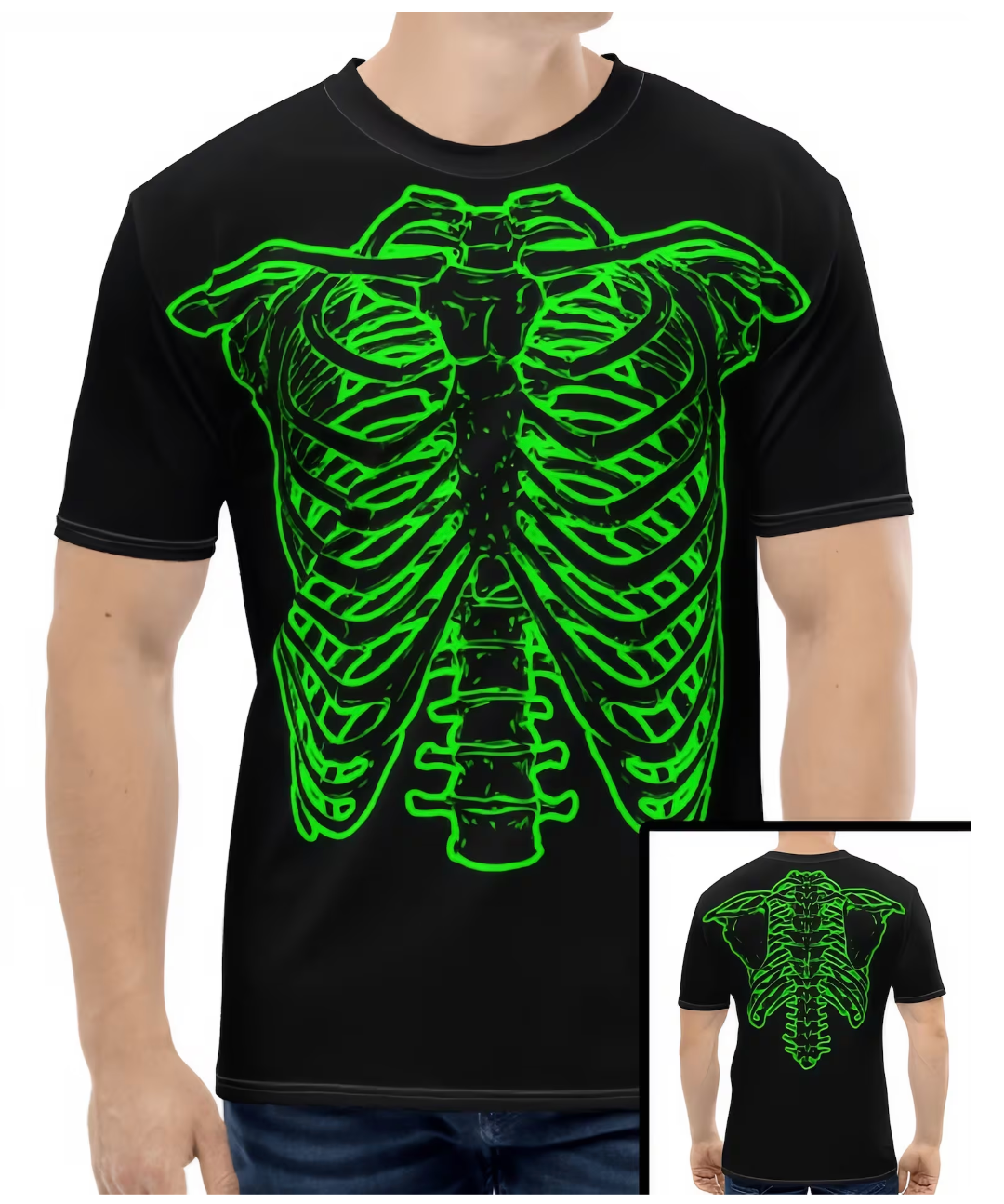A black t-shirt with a graphic design of a skeletal structure in green neon colors.