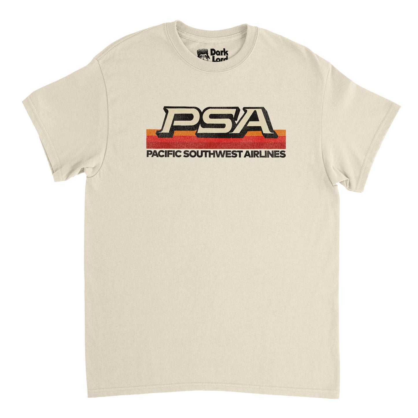 A vintage, 70s style sand colored t-shirt that says PSA - standing for Pacific Southwest Airlines, which ran from 1949 to 1988- with its iconic orange, red, and maroon striped logo graphic. 
