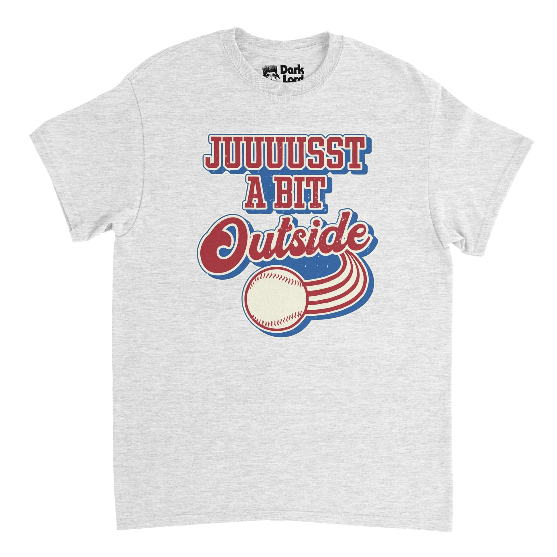 A vintage, souvenir heather gray colored short sleeved t-shirt that says "Juuuusst a bit outside" in red, white, and blue text with the graphic of a baseball rushing past, red stripes flying out behind it. In reference to the iconic line said by character Harry Doyle the 1989 film "Major League", acted by the legendary Bob Ueker, dubbed "Mr. Baseball" and known for his role as announcer for the Milwaukee Brewers for 54 seasons. 