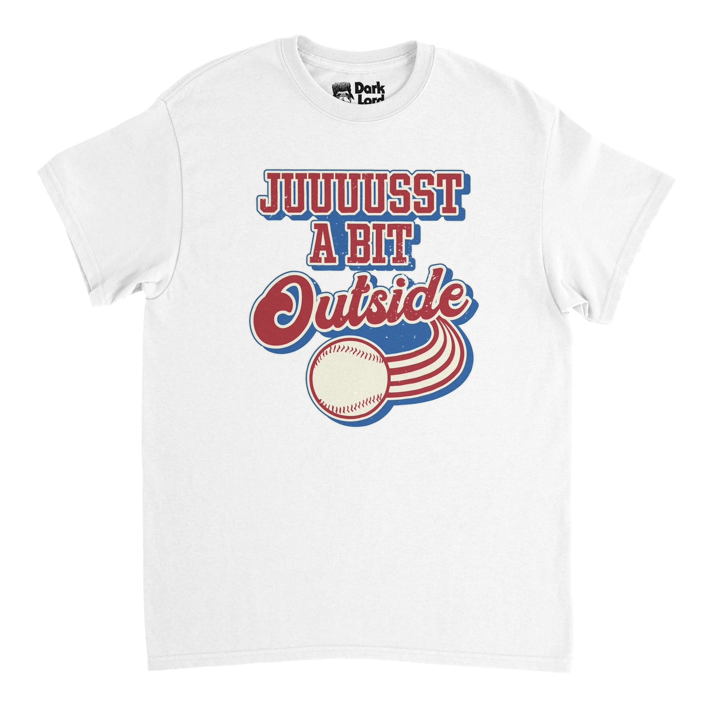 A retro, 70s style white t-shirt that says "Juuuusst a bit outside" in red, white, and blue, the image of a baseball speeding by with a motion lines of red stripes. References the famous line said by the legendary actor, professional MLB catcher, and broadcaster Bob Ueker, nicknamed "Mr. Baseball", in the 1989 comedy sports movie "Major League" where he played Harry Doyle, an announcer for the Cleveland Indians. 