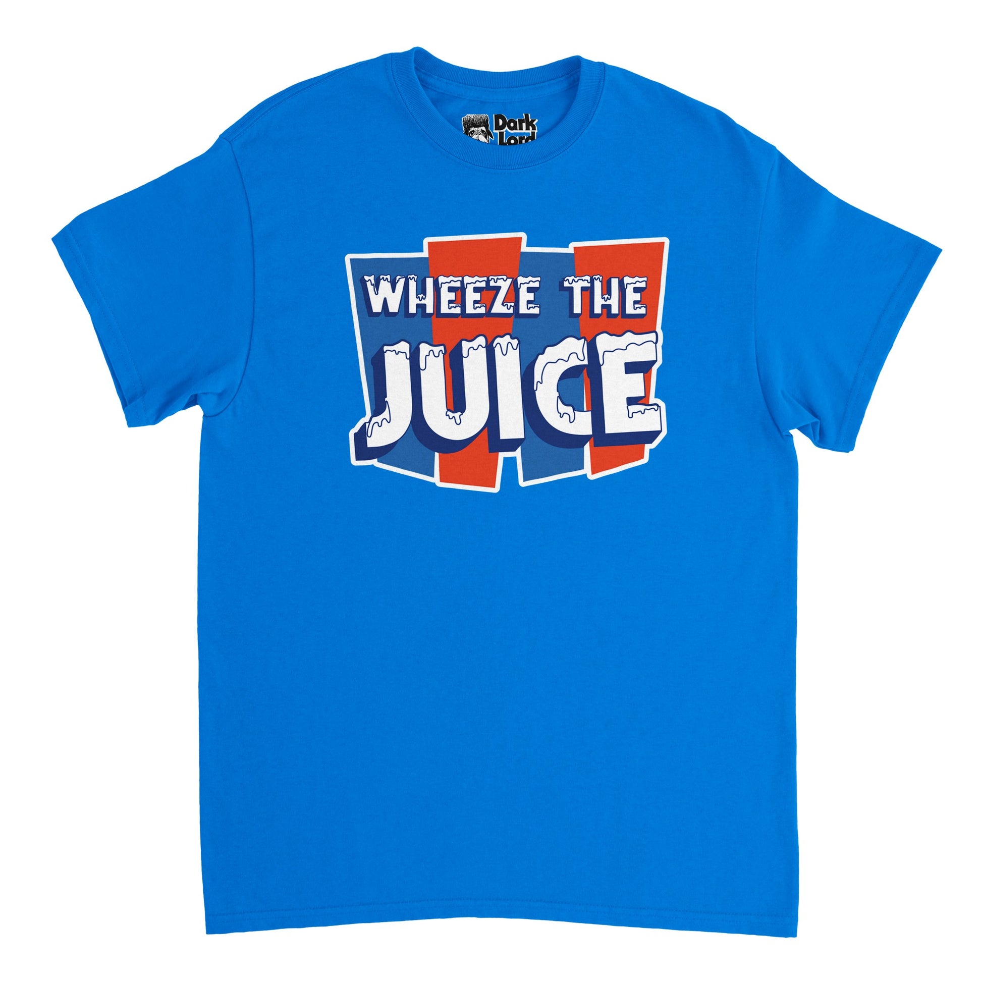 A vintage, 70s style blue t-shirt that says "Wheeze the Juice" in white bubble letters covered in ice and snow on a red and blue geometric background representing the Icee drink logo. References the quote by  Pauly Shore and Brendan Fraser from the 1992 comedy/sci-fi movie "Encino Man". 