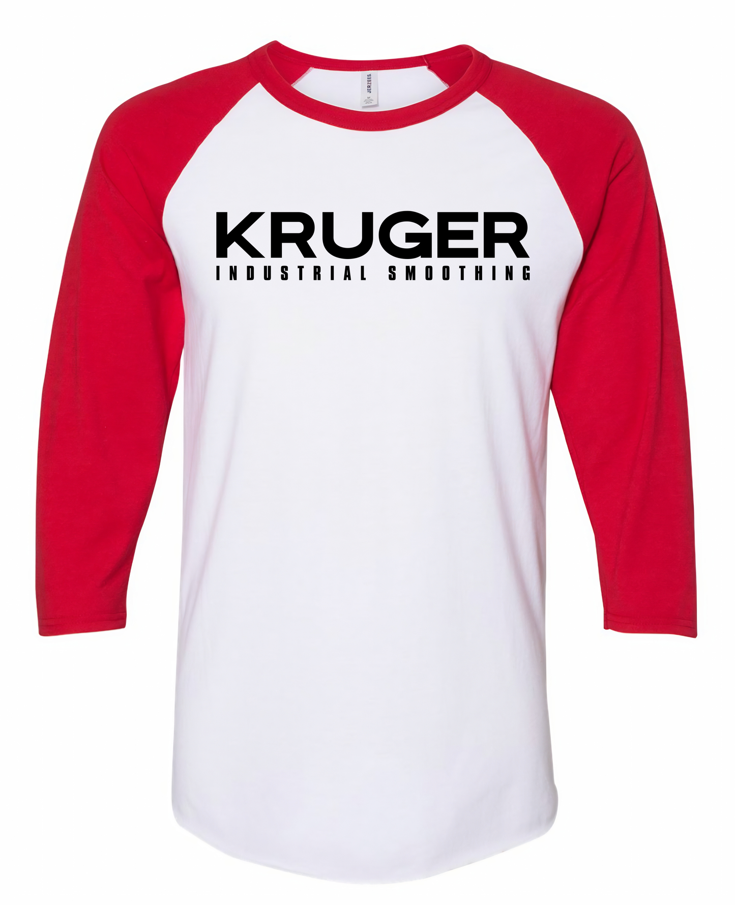 a white and red baseball shirt with the kruger logo on it