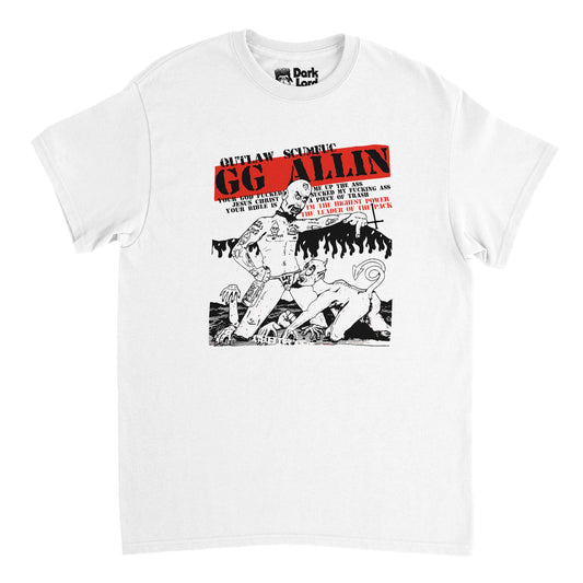 A retro, 70s style t-shirt in the color white that says in bold letters "Outlaw Scumfuc GG Allin". Says "your god fucked me up the ass jesus christ sucked my fucking ass your bible is a piece of trash I'm the highest power the leader of the pack". Includes an image of an almost fully naked man with a thong that says "Eat Me" and tattoos (skulls, bones, bugs, and profanities) dominating a devil with a pointed tail, hands raising out of water. References "Outlaw Scumfuc", a song by Antiseen and GG Allin.
