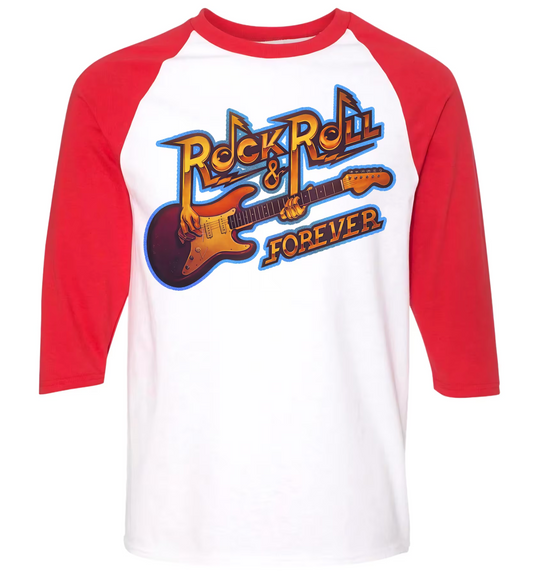 a white and red shirt with a guitar on it