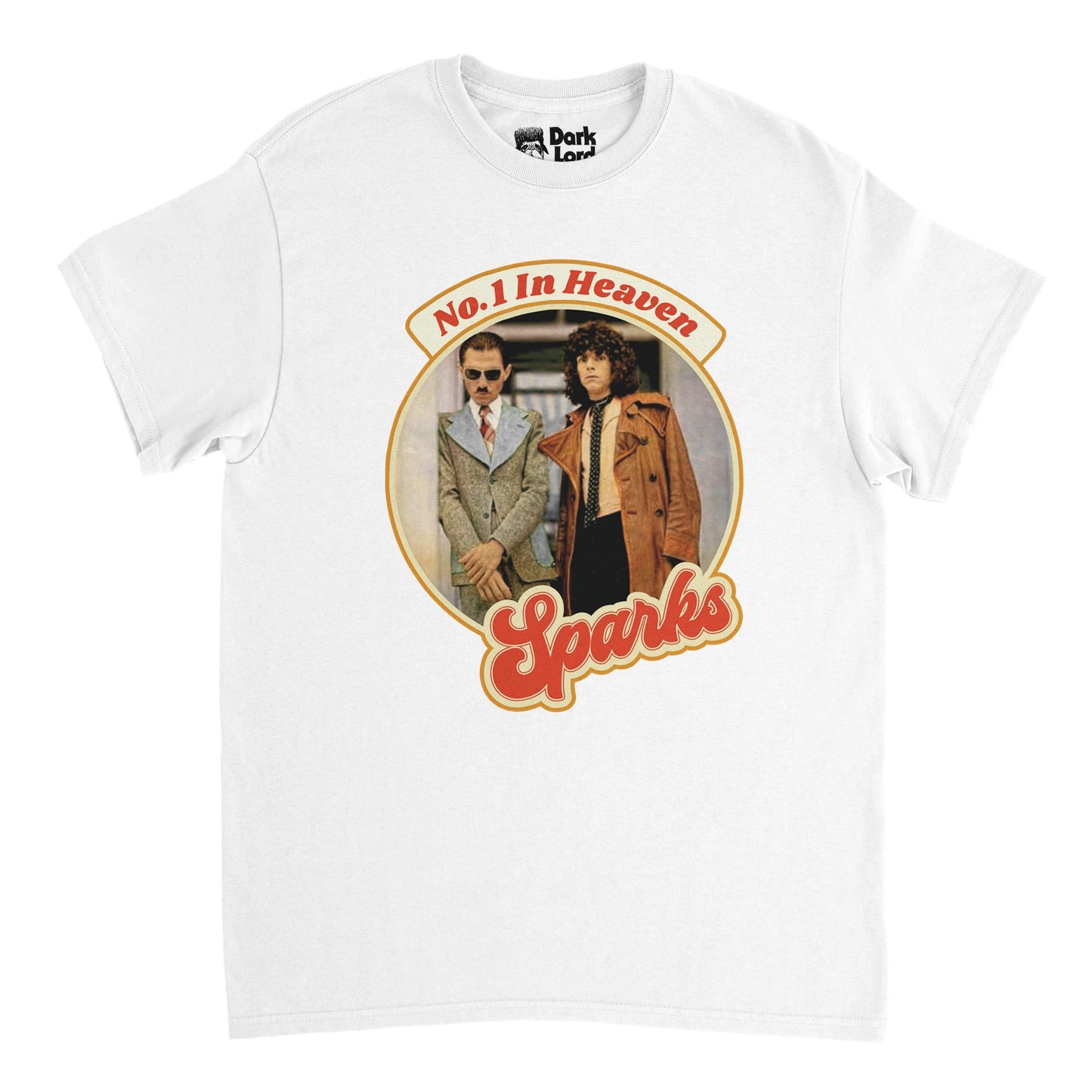 A retro, 80s style white colored t-shirt that says in red text "Sparks" and "No. 1 In Heaven" referencing the American pop and rock duo band and their eight studio album from 1979. Includes an image of the iconic duo of brothers Ron and Russell Mael in suits and formal attire.