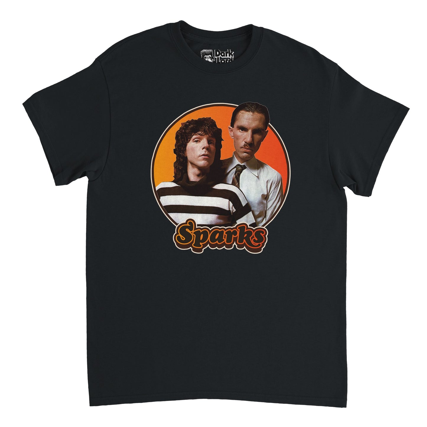 A black colored, 80s style retro t-shirt that says "Sparks" in hombre yellow/orange outlined bubble letters. Has an image of the two brothers Ron and Russell Mael from the popular cult pop-rock band Sparks, one with long hair wearing a striped black and white shirt, the other a tie on a crisp white button up, on top of an hombre yellow to orange circular backdrop, known for their song 'This Town Ain't Big Enough for Both of Us' and for the documentary "The Sparks Brothers".  