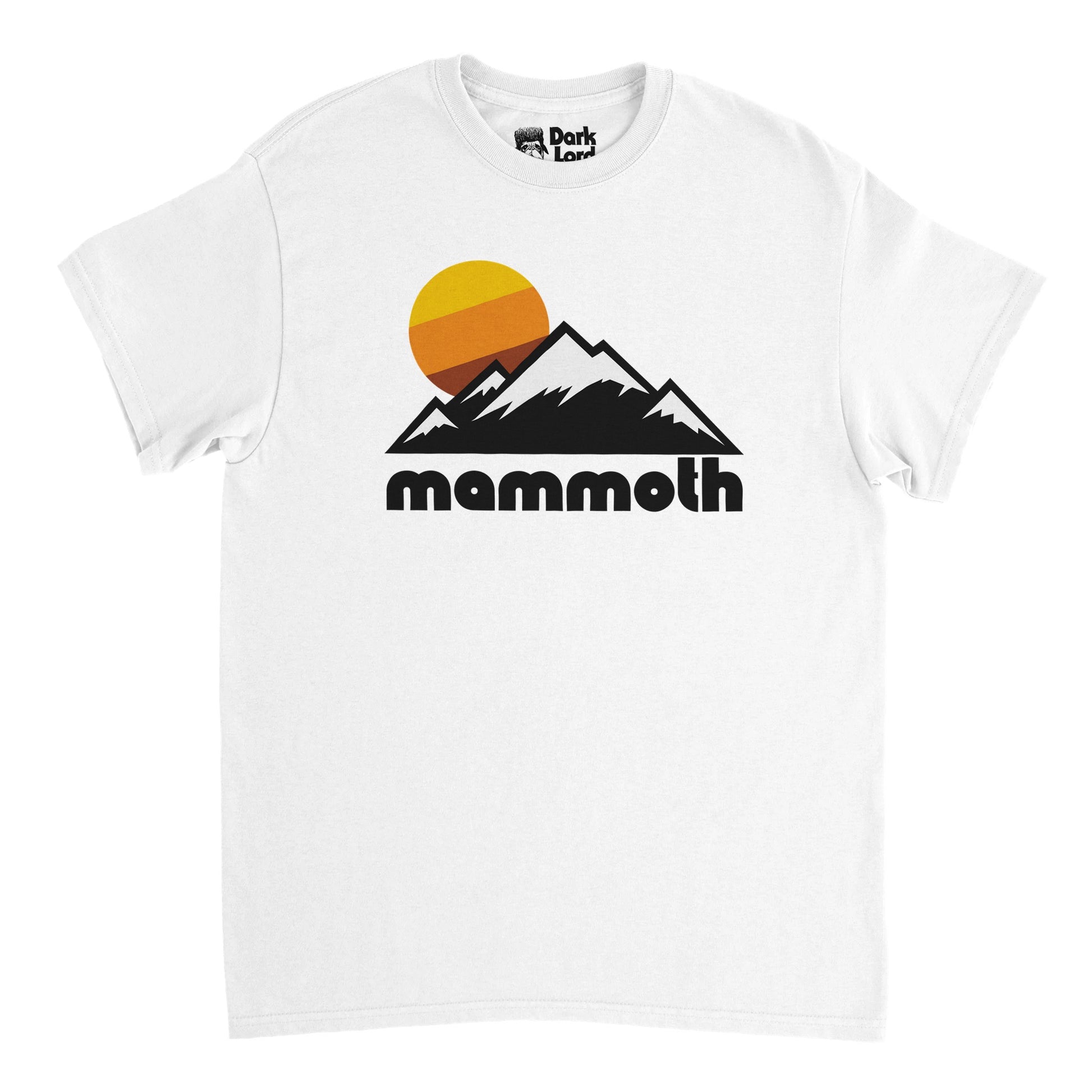 A vintage, souvenir white colored short sleeved t-shirt with the image of a beautiful snow covered mountain range, a yellow, orange, and red sun peaking out behind the mountain peaks, over the word "Mammoth". References Mammoth Mountain, a ski and snowboard resourt in California, also known as Mammoth Mountain Ski Area, on the border of Yosemite National Park in the Sierra Nevada Mountain Range.  