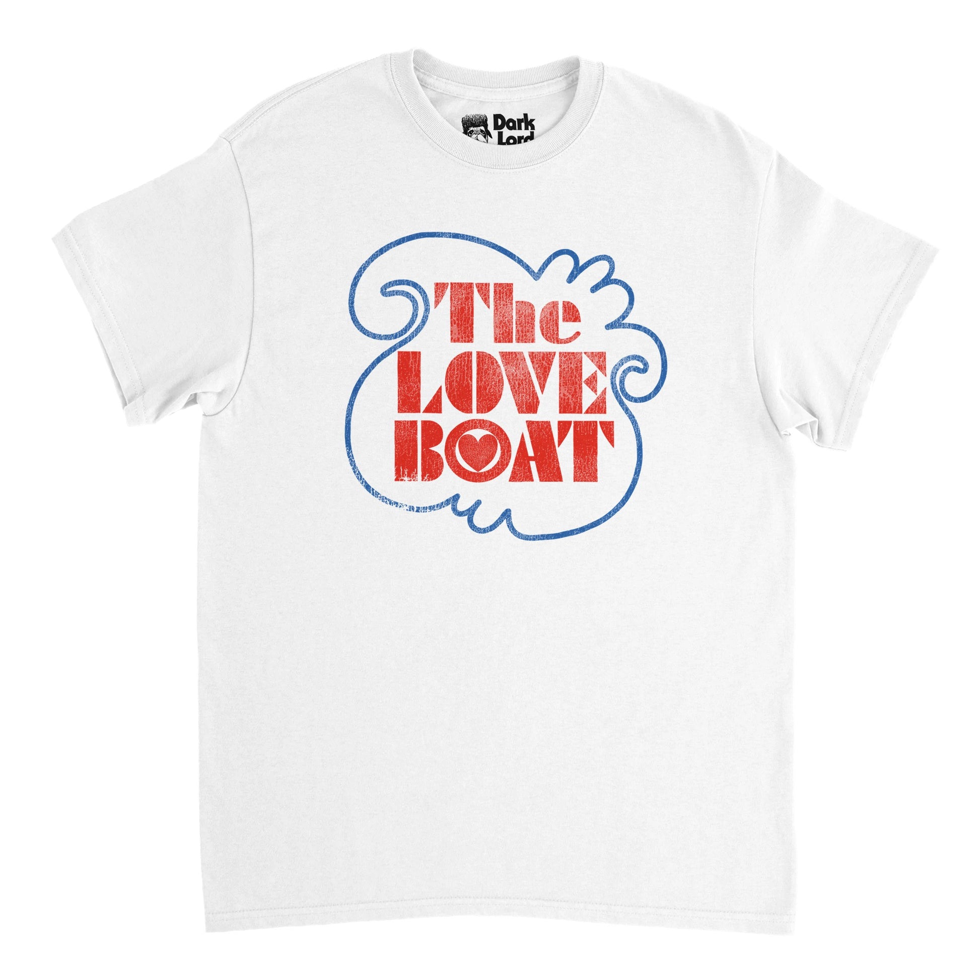 A retro, white colored souvenir t-shirt that says "The Love Boat" in red text, a little heart inside the "O" surrounded by a blue line, representing the logo of the famous 1976 TV sitcom set on the cruise ship MS Pacific Princess.  