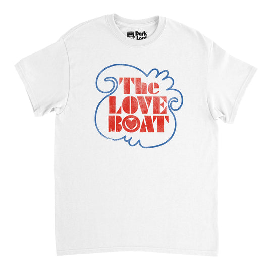 A retro, white colored souvenir t-shirt that says "The Love Boat" in red text, a little heart inside the "O" surrounded by a blue line, representing the logo of the famous 1976 TV sitcom set on the cruise ship MS Pacific Princess.  