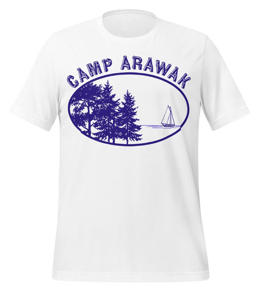 A white t-shirt with a graphic design featuring a sailboat on a lake surrounded by pine trees.